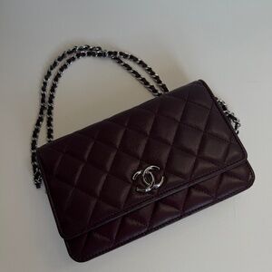 Chanel quilted burgundy wallet on chain bag